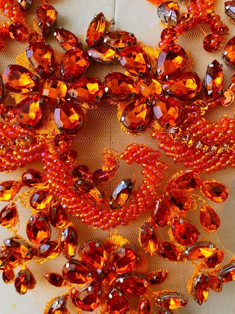 wtbvn Handmade Rhinestones lace Applique handsewing Beads Trim Patches Neckline for Dress Clothes Accessory (Orange) - Image 1